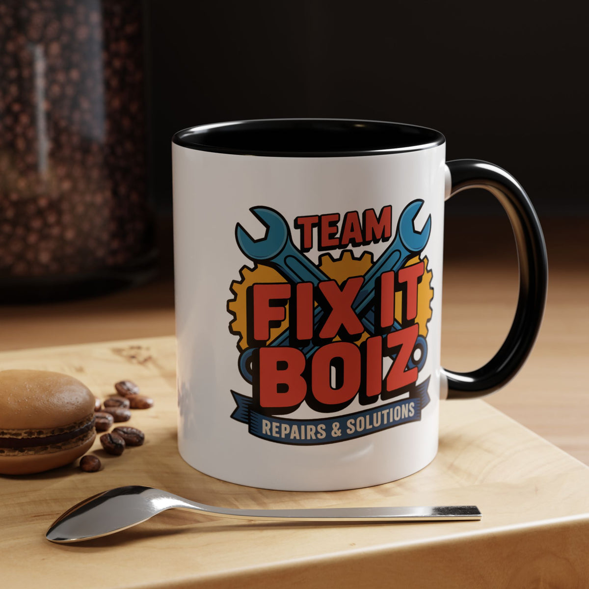Mechanic Coffee Mug, Team Fix It Boiz Wrench and Gear Design, Handyman Gift for Dad or a Repair Crew Coworker, Workshop Coffee Break Cup
