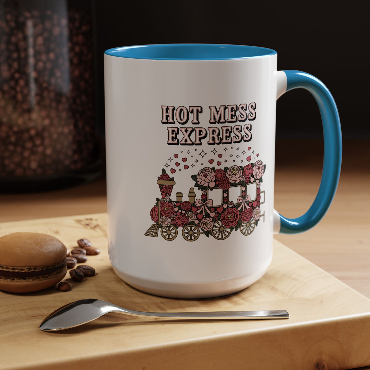 Hot Mess Express Coffee Mug, Pink Floral Train with Bows and Hearts, Funny Birthday Gift for a Busy Mom or Best Friend's Daily Coffee Break