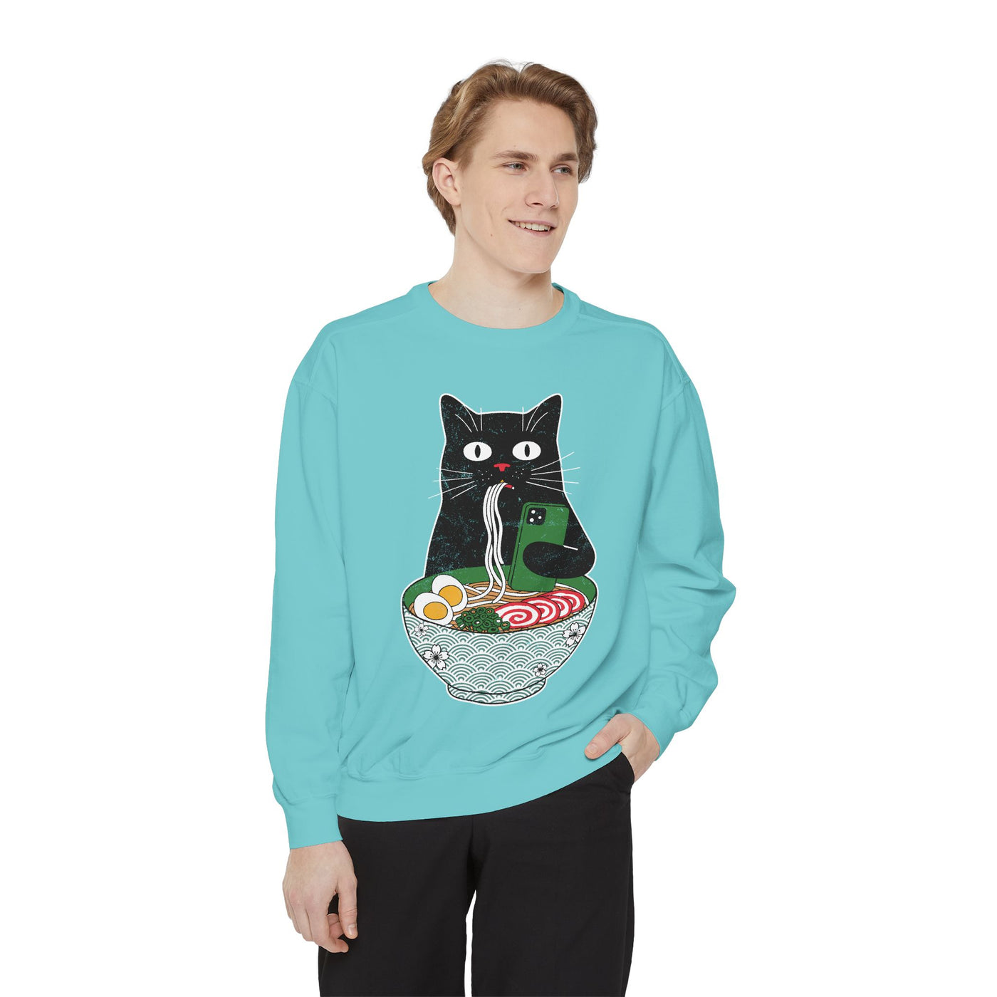 Ramen Cat Comfort Colors Sweatshirt, Funny Cat Eating Noodles Shirt, Cat Lover Graphic Crewneck, Foodie Gift Idea