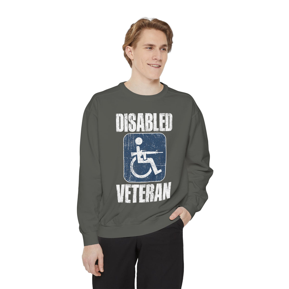 Disabled Veteran Sweatshirt, Distressed Wheelchair and Rifle Graphic, Military Service Pride, Veterans Day Gift and Everyday Casual Wear