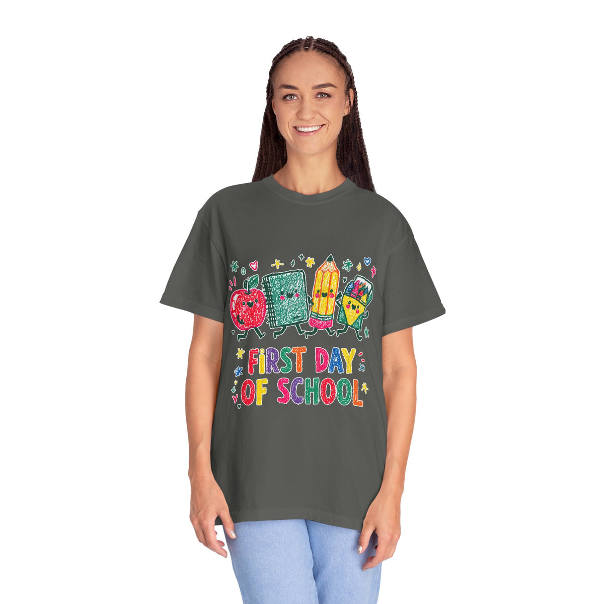 First Day of School T-Shirt, Colorful School Supplies Graphic Tee, Cute Teacher Outfit, Student Back to Class Gift, Classroom Shirt