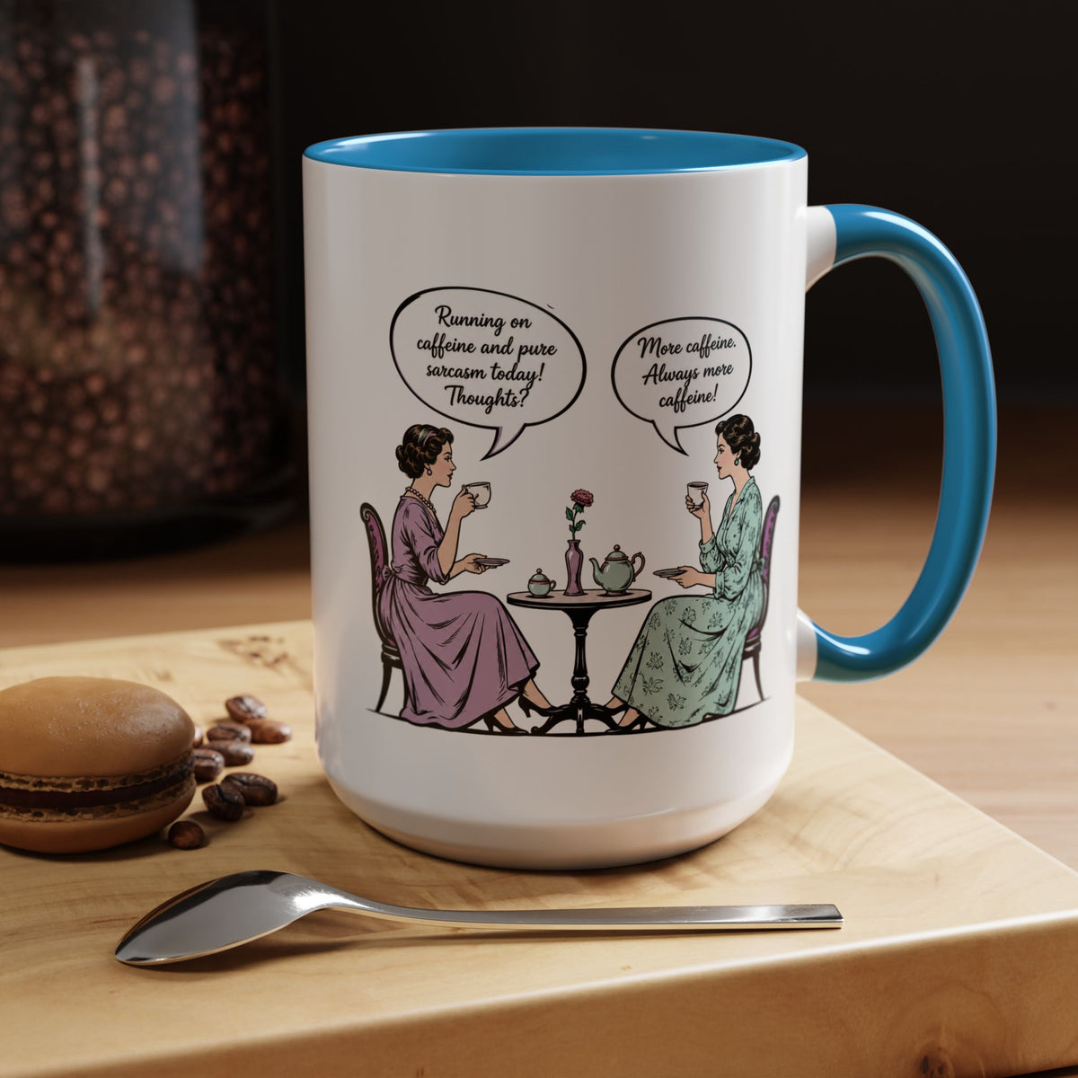 Funny Coffee Lovers Mug, Running on Caffeine and Pure Sarcasm Mug, Vintage Tea Party Coffee Cup, Best Friend Coffee Gift