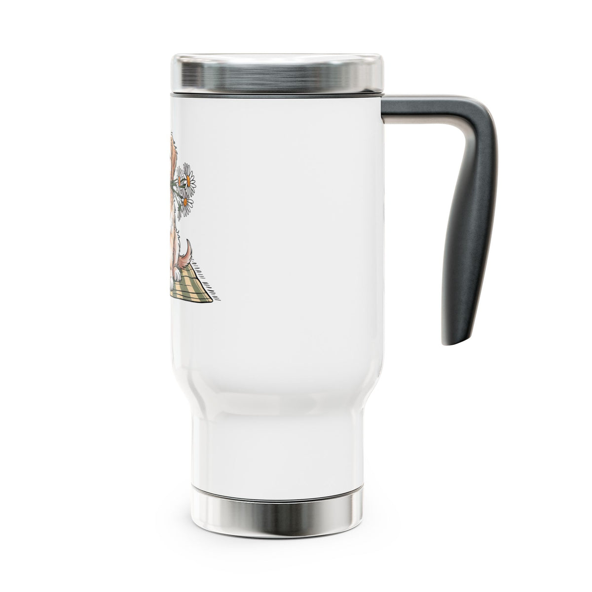 Golden Puppy Travel Mug with Handle, Cute Dog and Flower Coffee Cup, Gift for Dog Moms, Pet Lovers and Animal Lovers, Cute Dog Art