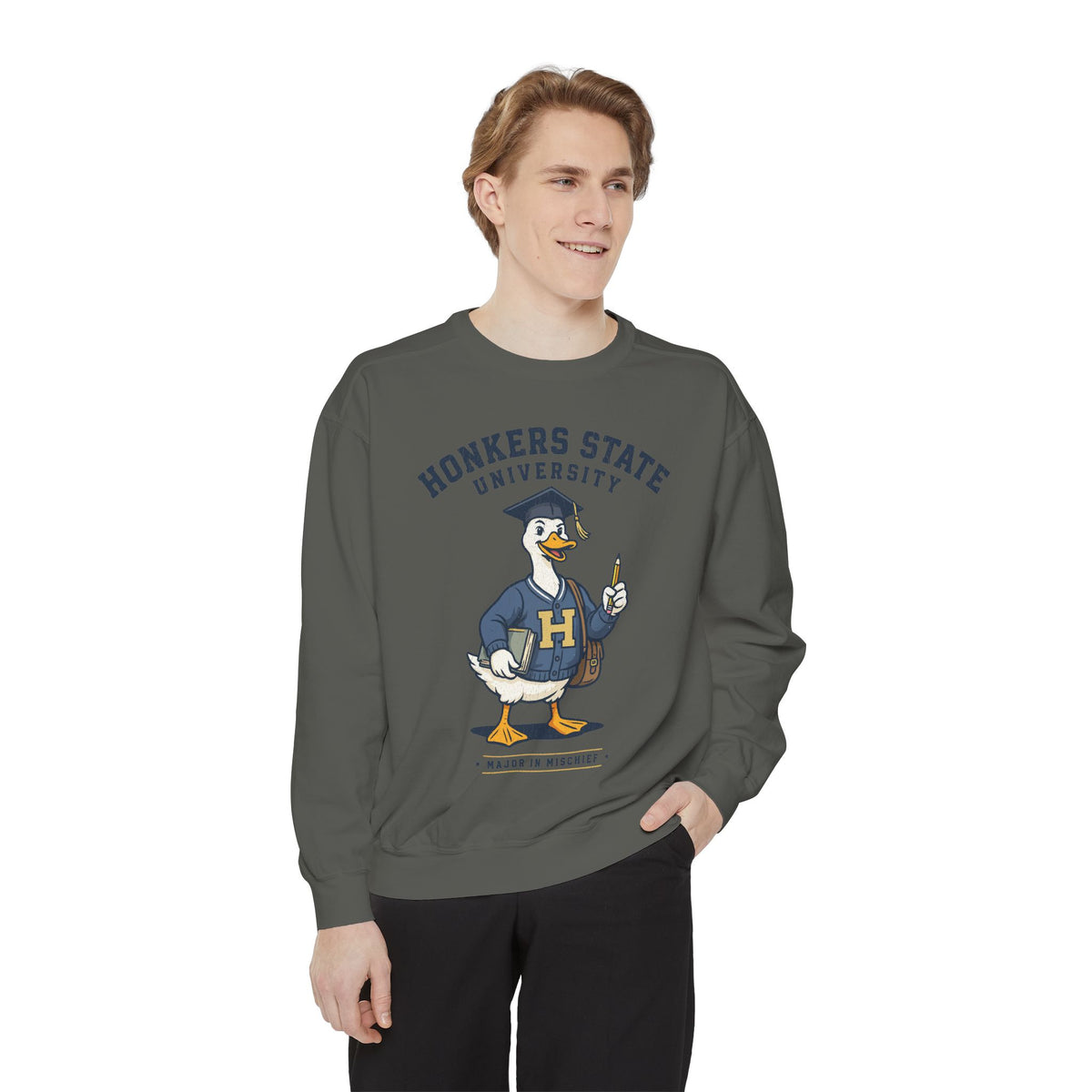 Honkers State University Sweatshirt, Funny Goose Graduate Crewneck, Major in Mischief College Student Gift, Graduation Campus Pullover