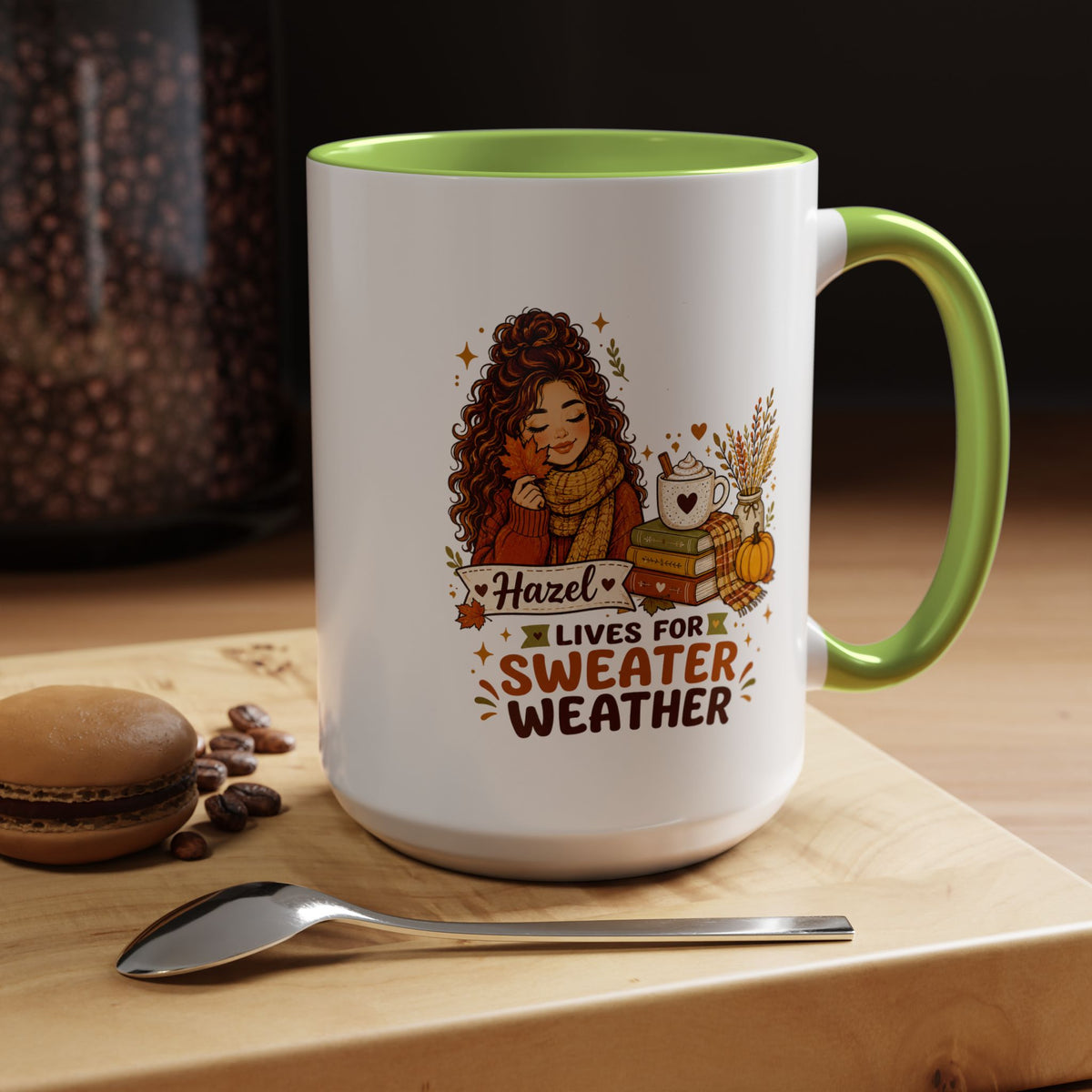 Personalized Sweater Weather Mug, Custom Name Fall Coffee Cup, Cozy Book Lover Gift for Her, Autumn Pumpkin and Reading Design