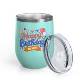 Happy Birthday to You Wine Tumbler, Pink and Blue Balloons with Party Bunting, Colorful Drinkware Gift for a Sister or Best Friend's Party