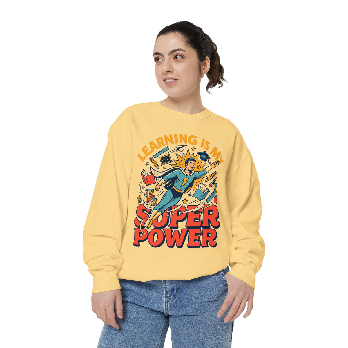 Teacher Comfort Colors Sweatshirt, Learning Is My Superpower Shirt, Elementary Teacher Gift, Classroom Sweatshirt for Educators