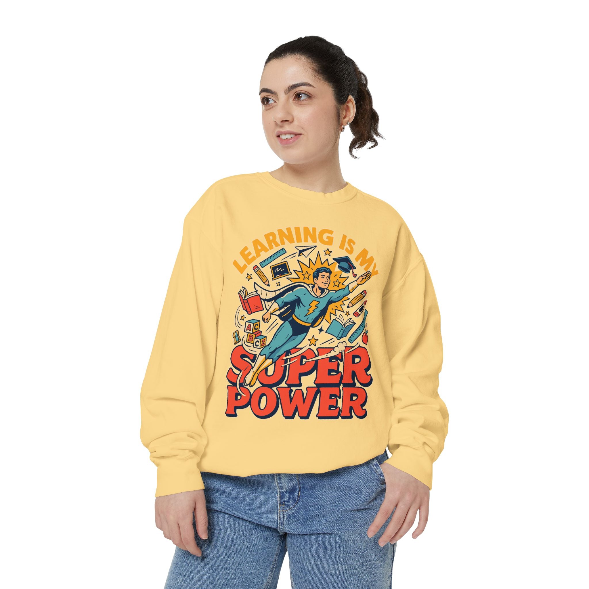 Teacher Comfort Colors Sweatshirt, Learning Is My Superpower Shirt, Elementary Teacher Gift, Classroom Sweatshirt for Educators