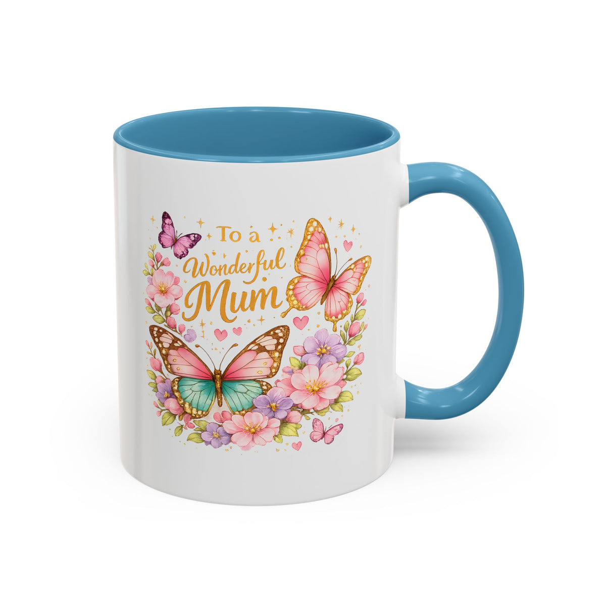 To a Wonderful Mum Coffee Mug, Cute Butterfly Birthday Gift for Mother, Floral Pastel Watercolor Ceramic Tea Cup with Pink Handle, Mum Gift