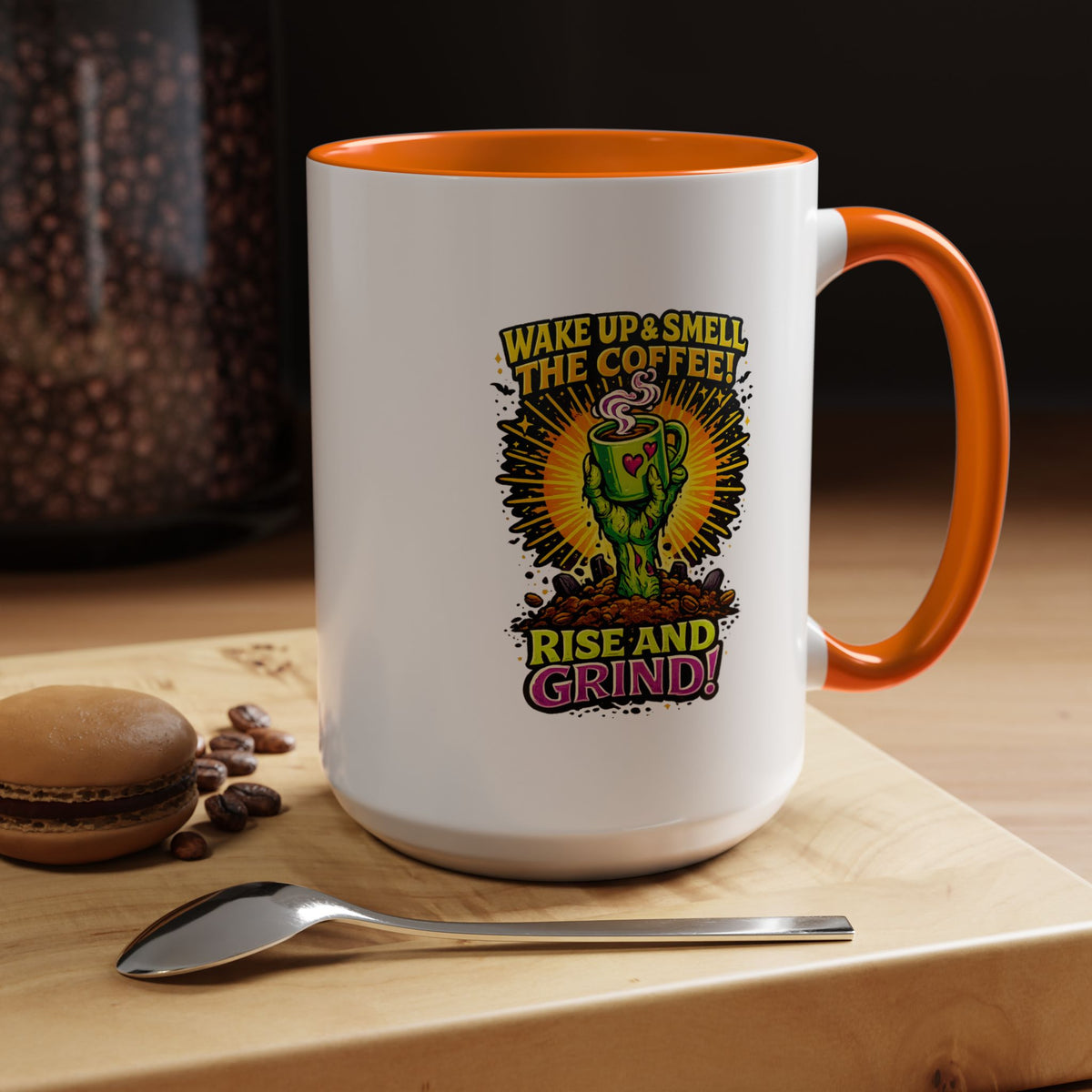 Zombie Coffee Mug, Wake Up and Smell the Coffee Black Accent Cup, Unique Funny Rise and Grind Gift for Horror Fan, Barista or Coworker