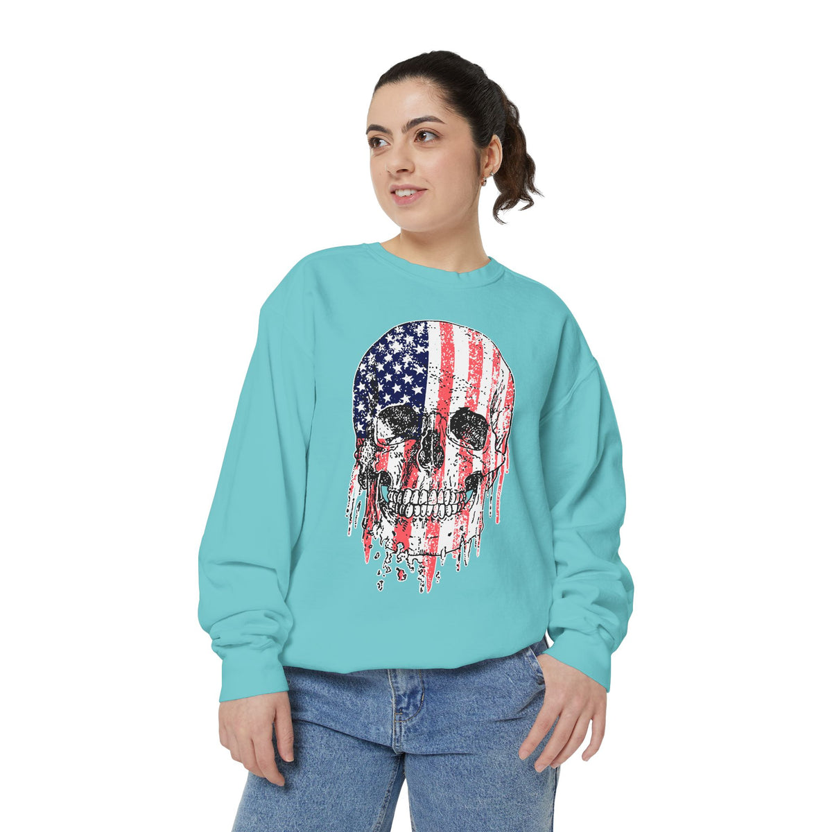 American Flag Skull Sweatshirt, Distressed Patriotic Graphic for Biker Outfits, Fourth of July Style, Birthday Gift for Skull Art Lovers