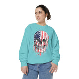 American Flag Skull Sweatshirt, Distressed Patriotic Graphic for Biker Outfits, Fourth of July Style, Birthday Gift for Skull Art Lovers