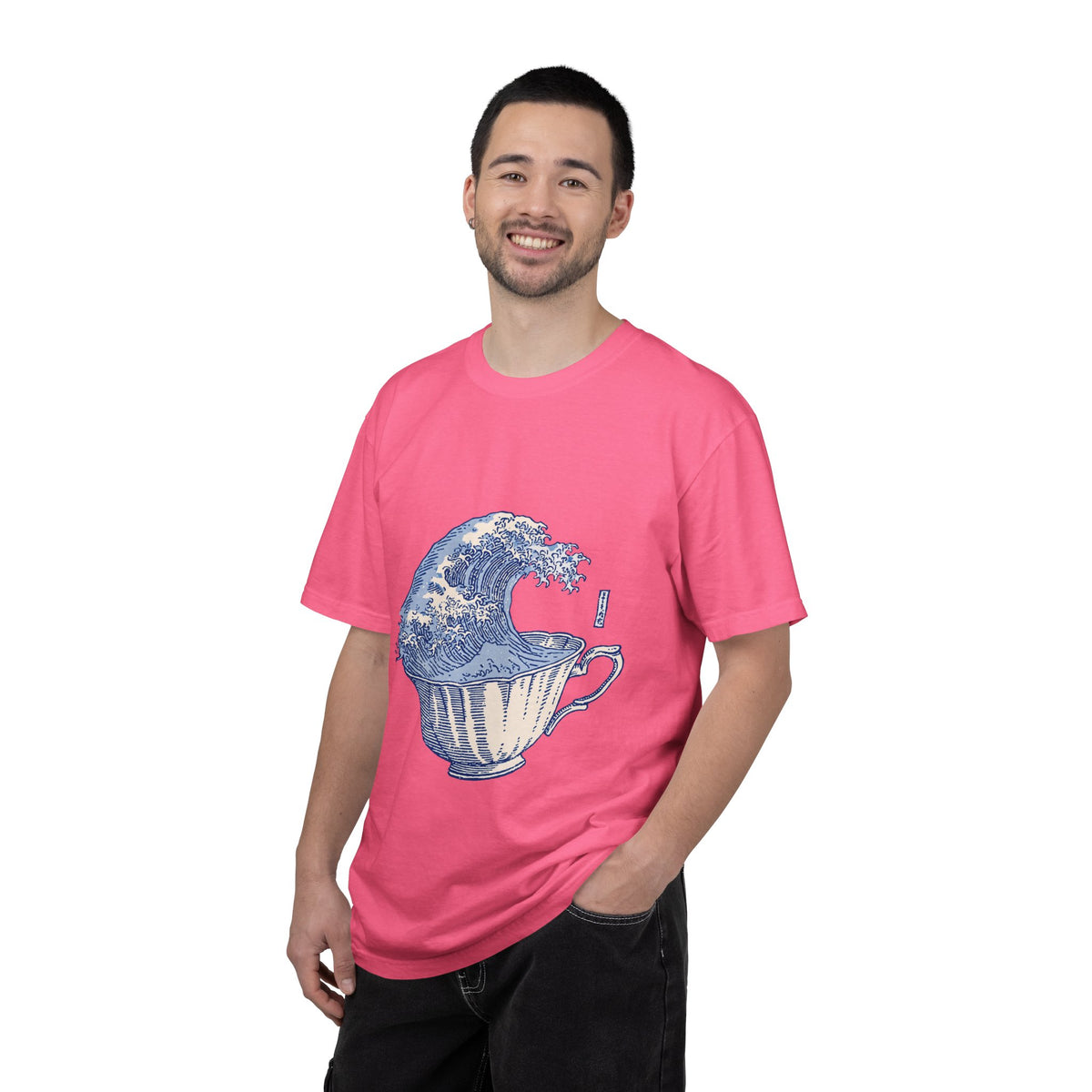 Great Wave Teacup Shirt, Japanese Art Inspired Ocean Graphic, Gift for Tea Lovers and Coastal Art Fans, Casual Cafe Weekend Outfit