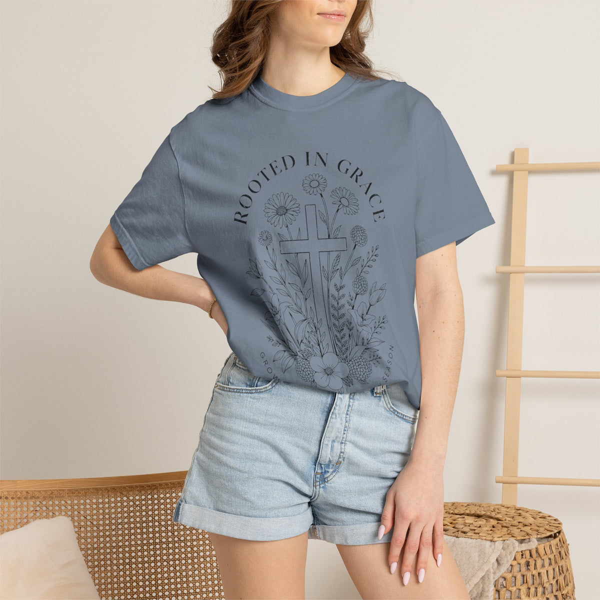 Comfort Colors Rooted in Grace Shirt, Christian Floral Cross Tee, Faith Based Graphic Shirt, Religious Gift for Women, Bible Verse Tee
