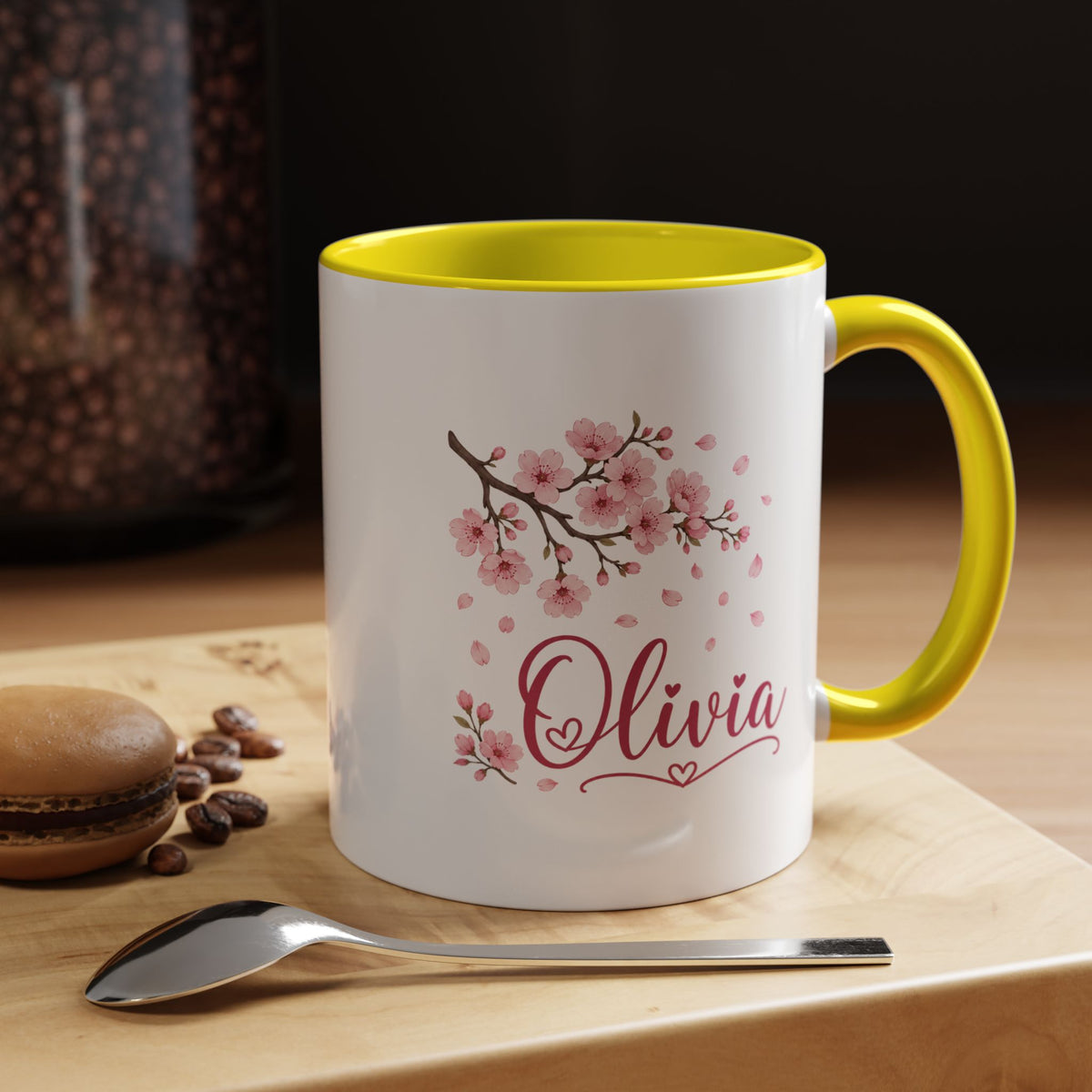 Personalized Name Mug, Pink Cherry Blossom Black Accent Coffee Cup, Custom Name Gift for Her, Girl, Daughter, Birthday or Nursery Keepsake