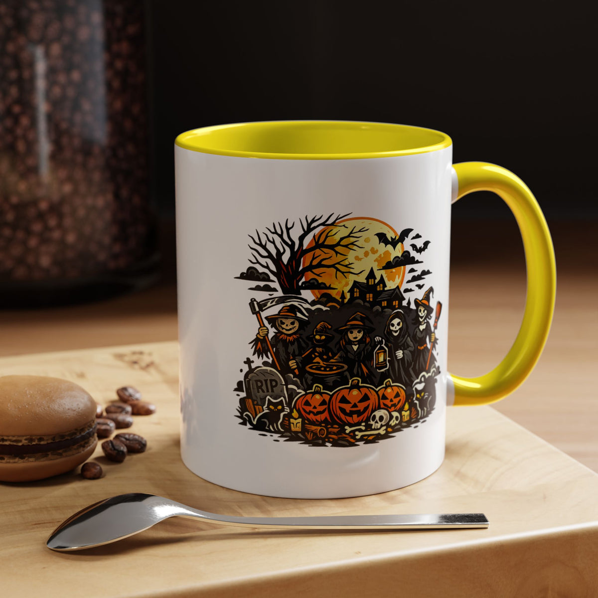 Halloween Witch Coffee Mug, Spooky Reaper and Pumpkin Cup, Gothic Horror Gift for Halloween Lover, Haunted House October Drinkware