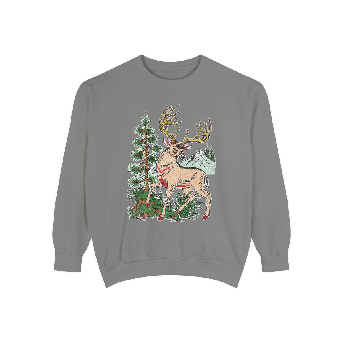 Woodland Deer Sweatshirt, Rustic Stag and Mountain Graphic, Gift for Wildlife Lovers and Hikers, Forest Inspired Cabin Weekend Clothing