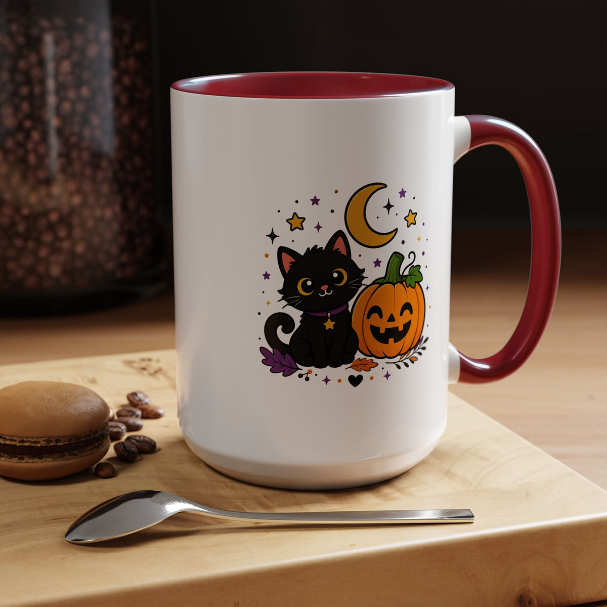 Cute Black Cat Halloween Mug, Pumpkin and Moon Coffee Cup, Spooky Season Gift for Cat Lover, Fall Birthday Present, Witchy Fall Decor