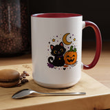 Cute Black Cat Halloween Mug, Pumpkin and Moon Coffee Cup, Spooky Season Gift for Cat Lover, Fall Birthday Present, Witchy Fall Decor