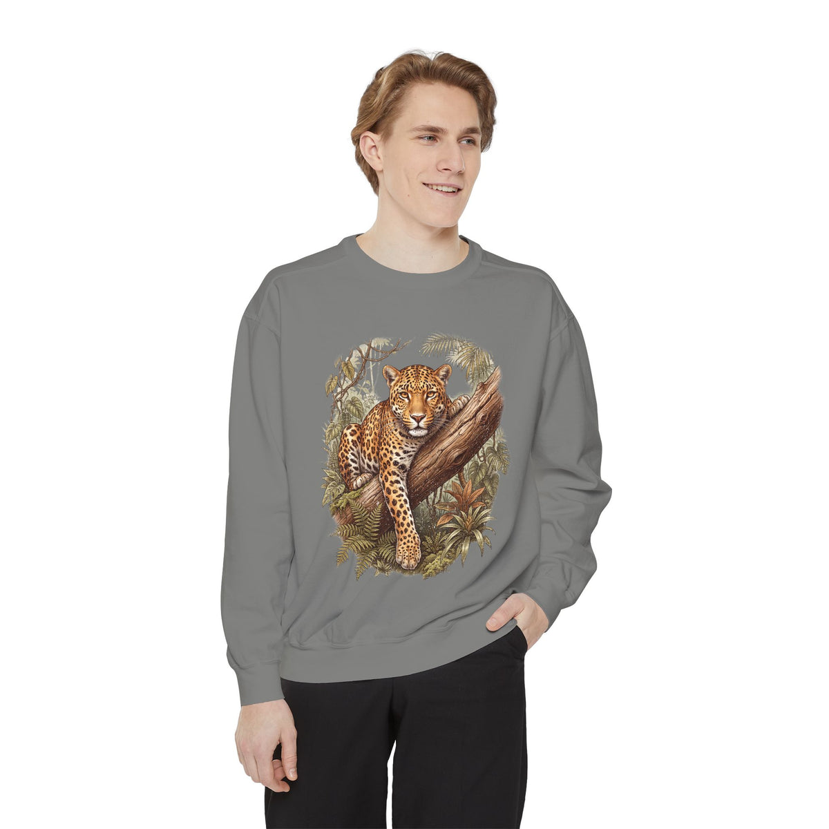 Vintage Leopard Jungle Sweatshirt, Tropical Big Cat Crewneck, Wildlife Nature Lover Gift, Botanical Safari Graphic Cozy Pullover Top