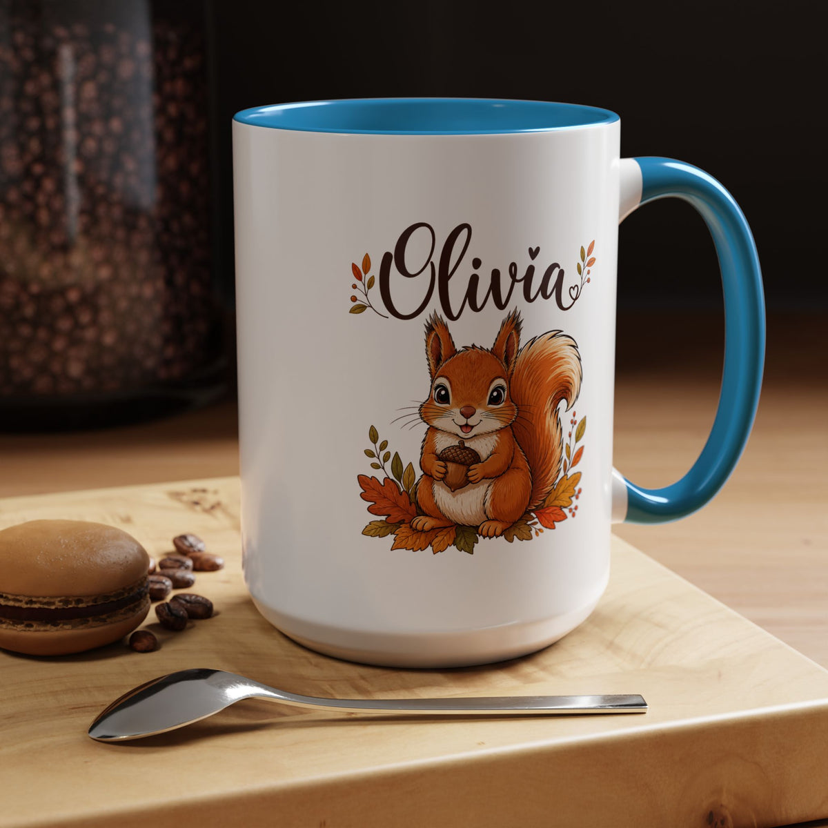 Personalized Squirrel Mug with Name, Autumn Woodland Coffee Cup, Cute Fall Animal Gift for Daughter, Nature Lover Birthday Keepsake