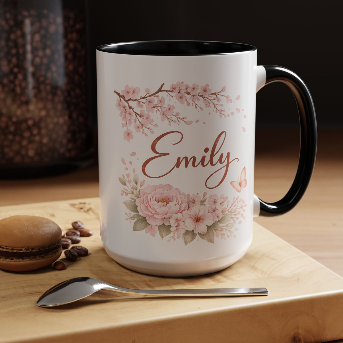 Personalized Floral Name Mug, Custom Coffee Mug with Name, Pink Flower Mug for Women, Birthday Gift, Bridesmaid Keepsake Cup