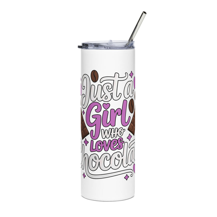 A white stainless steel skinny tumbler with a clear lid and metal straw, printed with "Just a Girl who Loves Chocolate" in white and purple lettering with chocolate bars, cocoa beans and hearts.