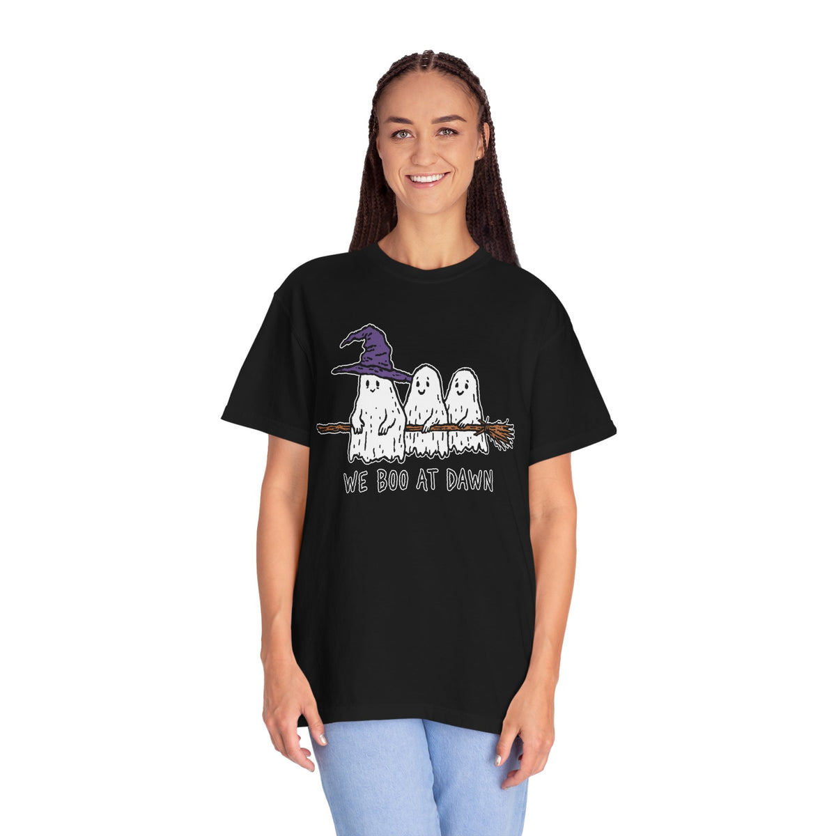 We Boo at Dawn Ghost Shirt, Funny Halloween Witch Broom Graphic Tee, Cute Spooky Season Gift for Friends and Ghost Lovers, October Outfit