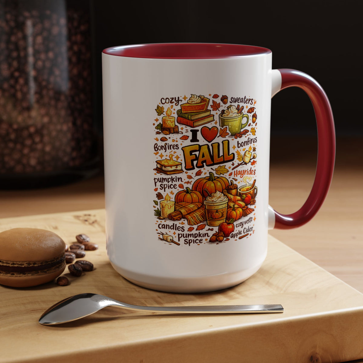I Love Fall Coffee Mug, Cozy Autumn Pumpkin Spice Cup, Gift for Fall Lover, Book Reader, Teacher or Mom, Thanksgiving Kitchen Decor