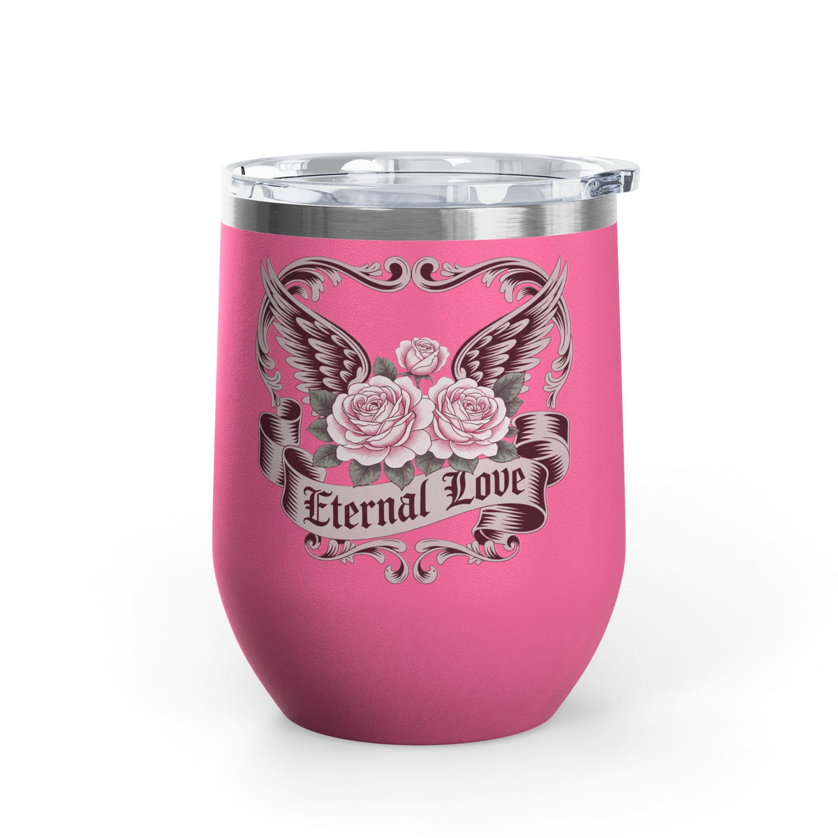 Eternal Love Wine Tumbler, Gothic Rose and Angel Wings Design, Romantic Anniversary Gift for Her, Vintage Tattoo Style Drinkware