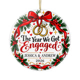 Personalized Engagement Christmas Ornament, The Year We Got Engaged with Names and Year, Red Bow Wreath Keepsake Gift for Engaged Couples
