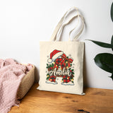 Personalized Christmas Tote Bag, Cotton Canvas 15x16, Buffalo Plaid Initial, Santa Hat, Custom Name Holiday Shopper