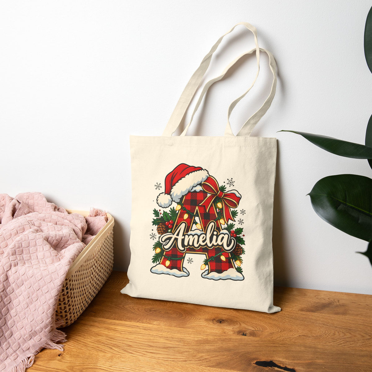 Personalized Christmas Tote Bag, Cotton Canvas 15x16, Buffalo Plaid Initial, Santa Hat, Custom Name Holiday Shopper