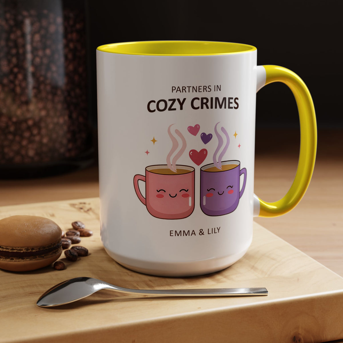 Partners in Cozy Crimes Mug, Personalized Best Friend Coffee Mug, Custom Name Friendship Gift for Women