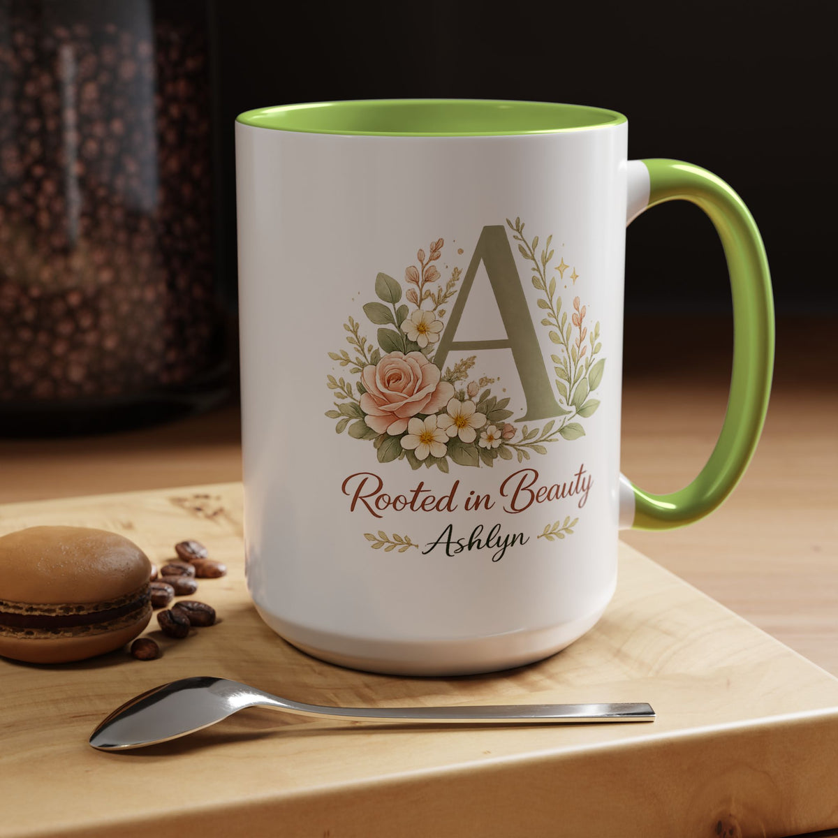 Personalized Floral Initial Mug, Custom Name Coffee Mug with Monogram Letter, Rooted in Beauty Gift for Women, Botanical Birthday Cup