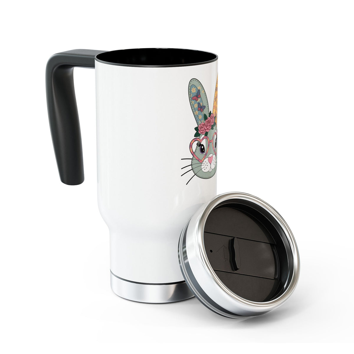 Floral Bunny Stainless Steel Travel Mug, Cute Rabbit Cup with Heart Glasses, Easter Gift for Her, Spring Animal Drinkware