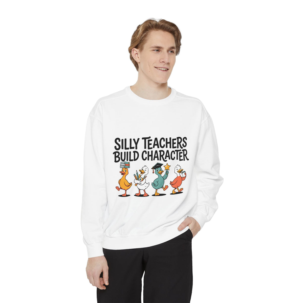 Funny Teacher Comfort Colors Sweatshirt, Silly Teachers Build Character Graphic Sweatshirt, Teacher Appreciation Gift for Educators