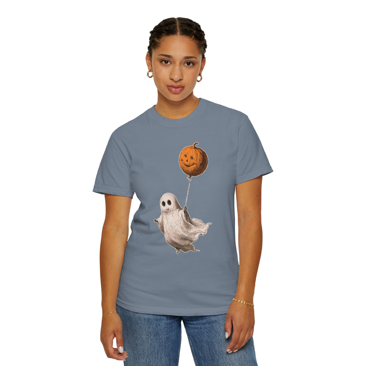 Cute Ghost Halloween Shirt, Pumpkin Balloon Graphic Tee, Vintage Spooky Season Gift for Women, Cozy October Fall Outfit for Ghost Lovers