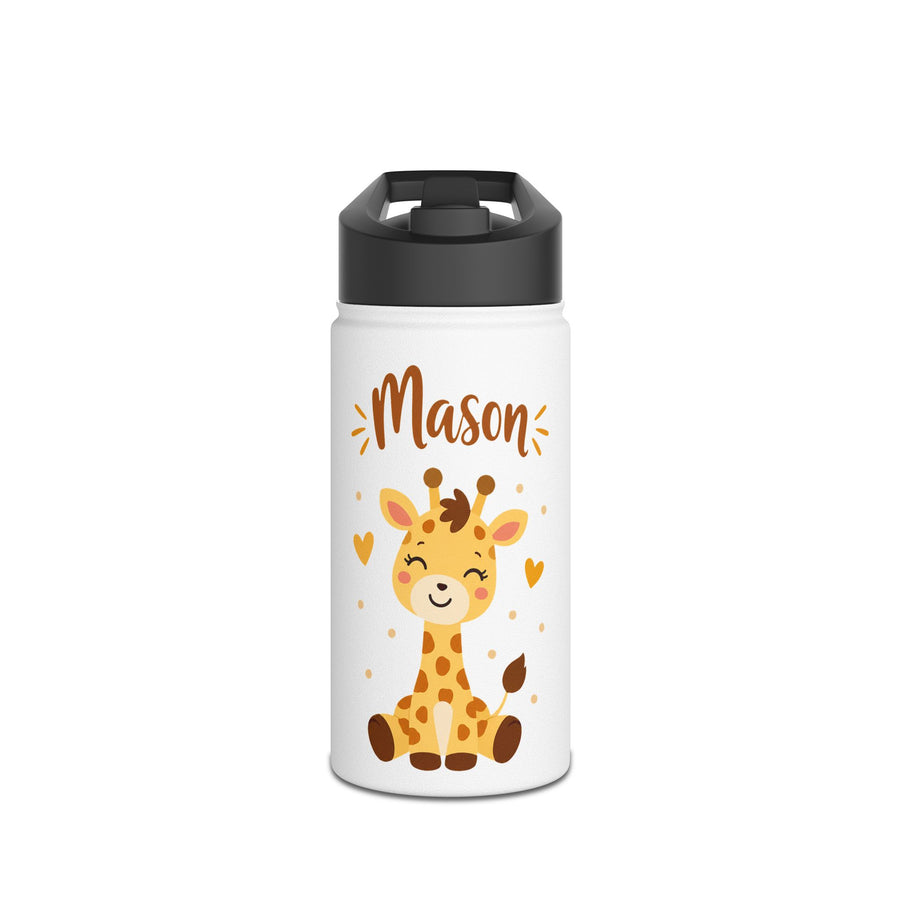 A white stainless steel water bottle with a black flip-top lid, printed with the sample name "Mason" in brown lettering above a smiling baby giraffe with brown spots, sitting among small yellow hearts and dots.