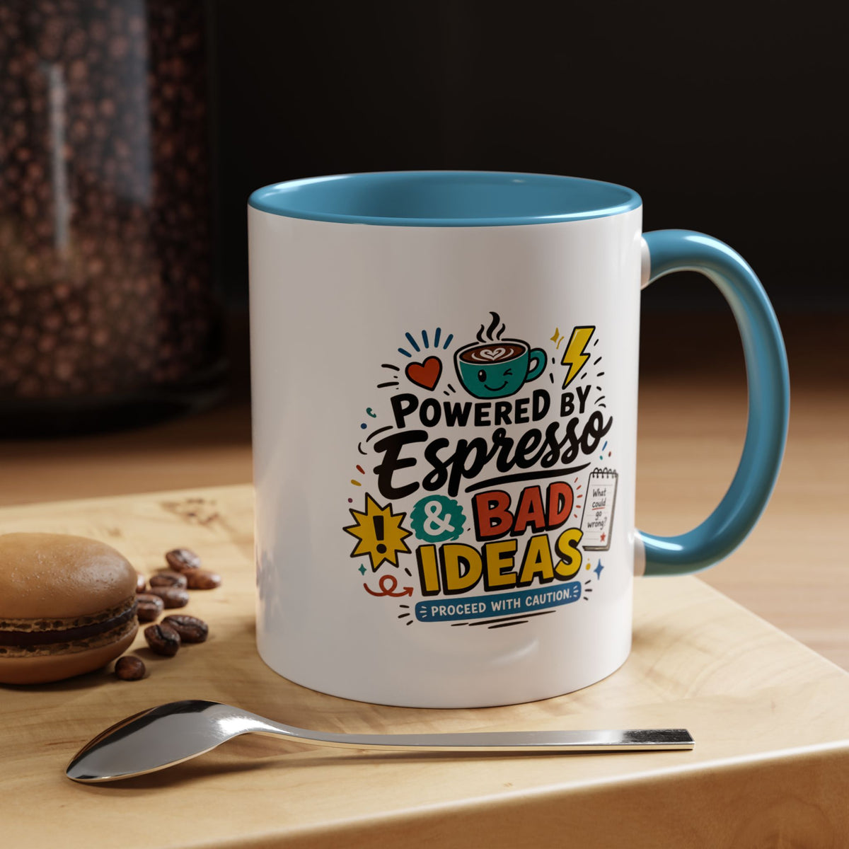 Powered by Espresso Mug, Funny Coffee Lover Cup, Bad Ideas Quote Gift for Coworker, Caffeine Addict Present, Office Humor Drinkware