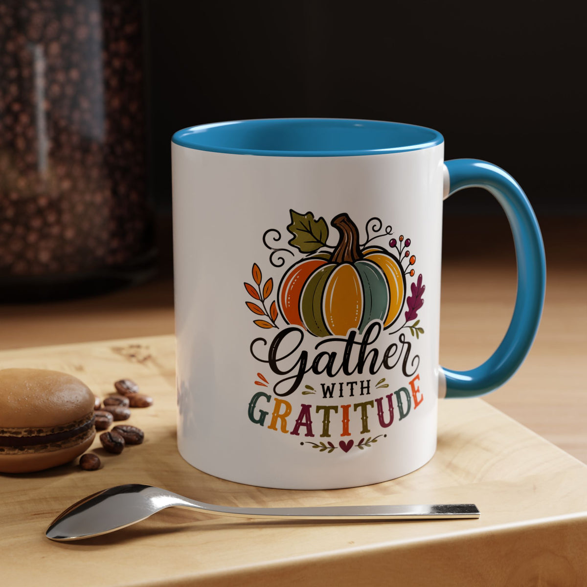 Gather With Gratitude Mug, Colorful Pumpkin Thanksgiving Coffee Cup, Cozy Fall Hostess Gift, Autumn Kitchen and Harvest Decor