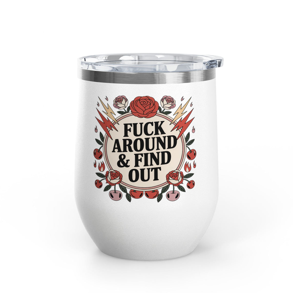 FAFO Wine Tumbler, Retro Tattoo Roses and Cherries Cup, Sarcastic Gift for Her, Edgy Bachelorette Party Cup, Funny Coworker Gift