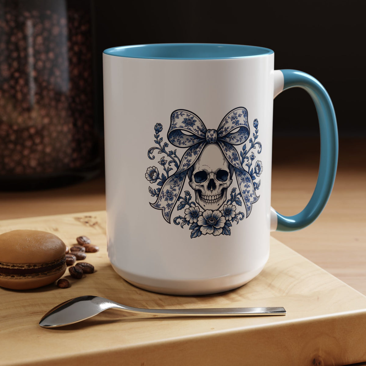 Blue Floral Skull Mug, Gothic Coquette Bow Coffee Cup, Alternative Halloween Gift for Her, Dark Academia Kitchen Decor, Spooky Present