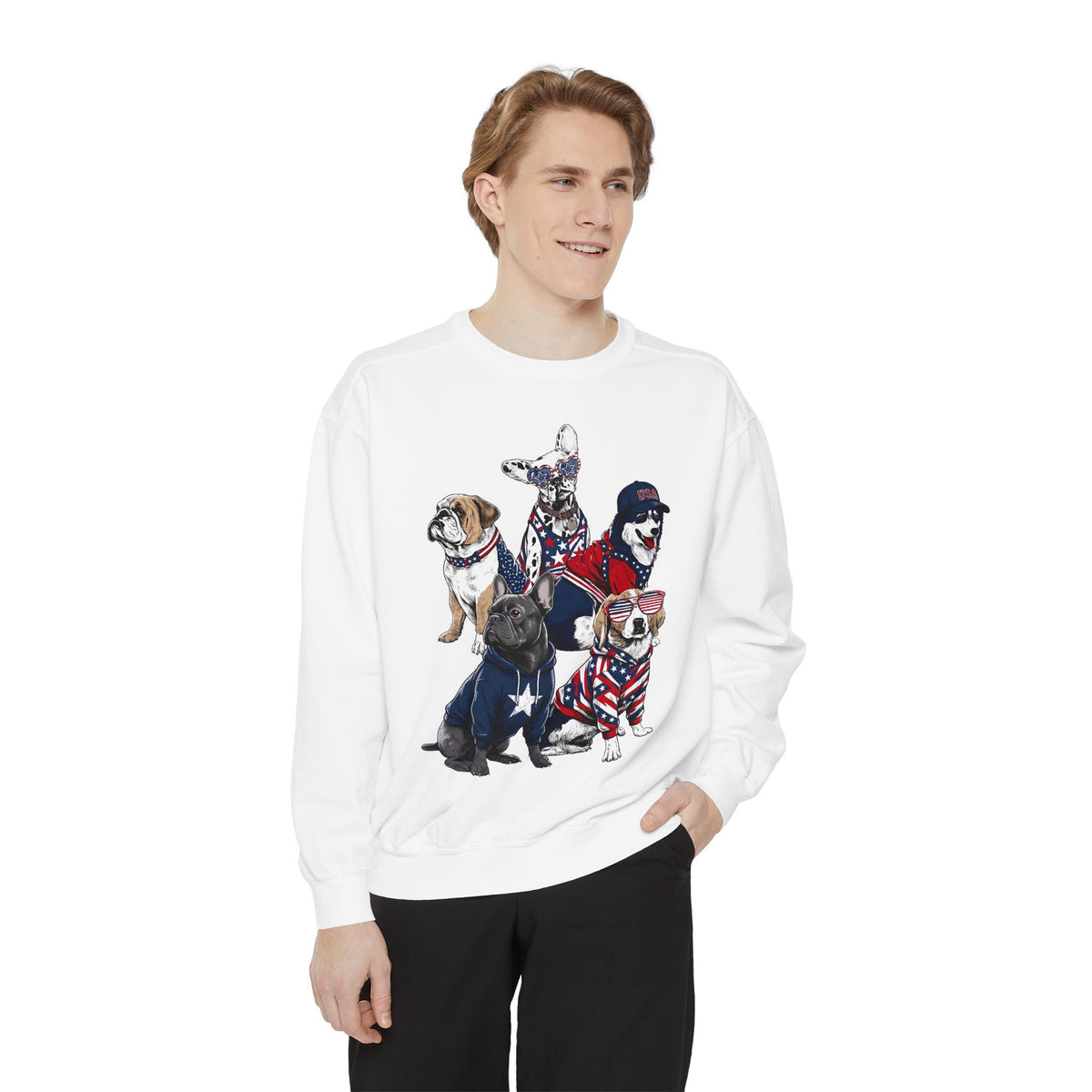 Patriotic Dog Lover Comfort Sweatshirt, USA Dogs Crewneck Sweatshirt, Fourth of July Pet Lover Gift, American Flag Puppy Sweatshirt
