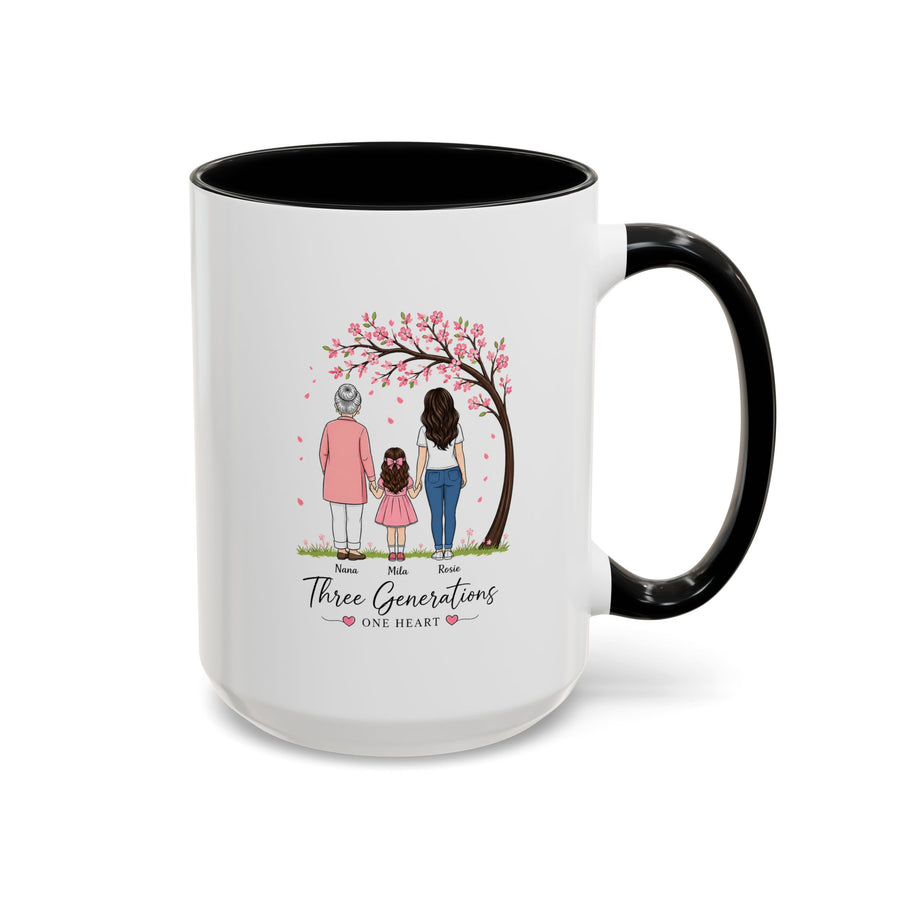 Personalized Three Generations Mug, Custom Grandma Mom Daughter Coffee Cup, Family Name Gift for Mothers Day, One Heart Family Keepsake