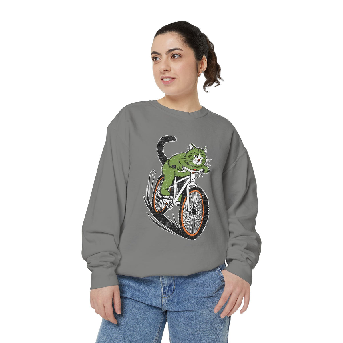 Mountain Bike Cat Sweatshirt, Funny Cycling Kitty Crewneck, Cat Lover Gift, Outdoor Adventure Graphic Cozy Biker Pullover Shirt Top