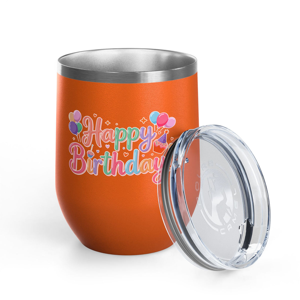 Happy Birthday Wine Tumbler, Pastel Balloons and Cupcake Design, Colorful Drinkware Gift for a Best Friend, Sister or Coworker Celebration