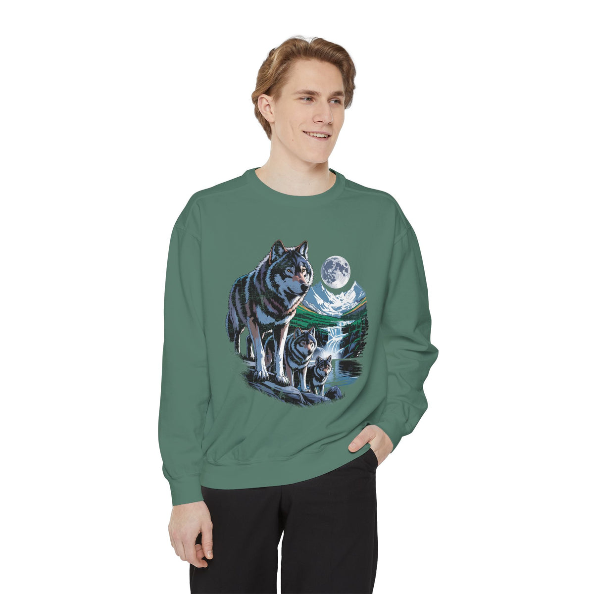 Wolf Pack Mountain Sweatshirt, Moonlit Wildlife Crewneck, Nature Lover Gift, Wilderness Forest Graphic Cozy Outdoor Pullover Unisex Top
