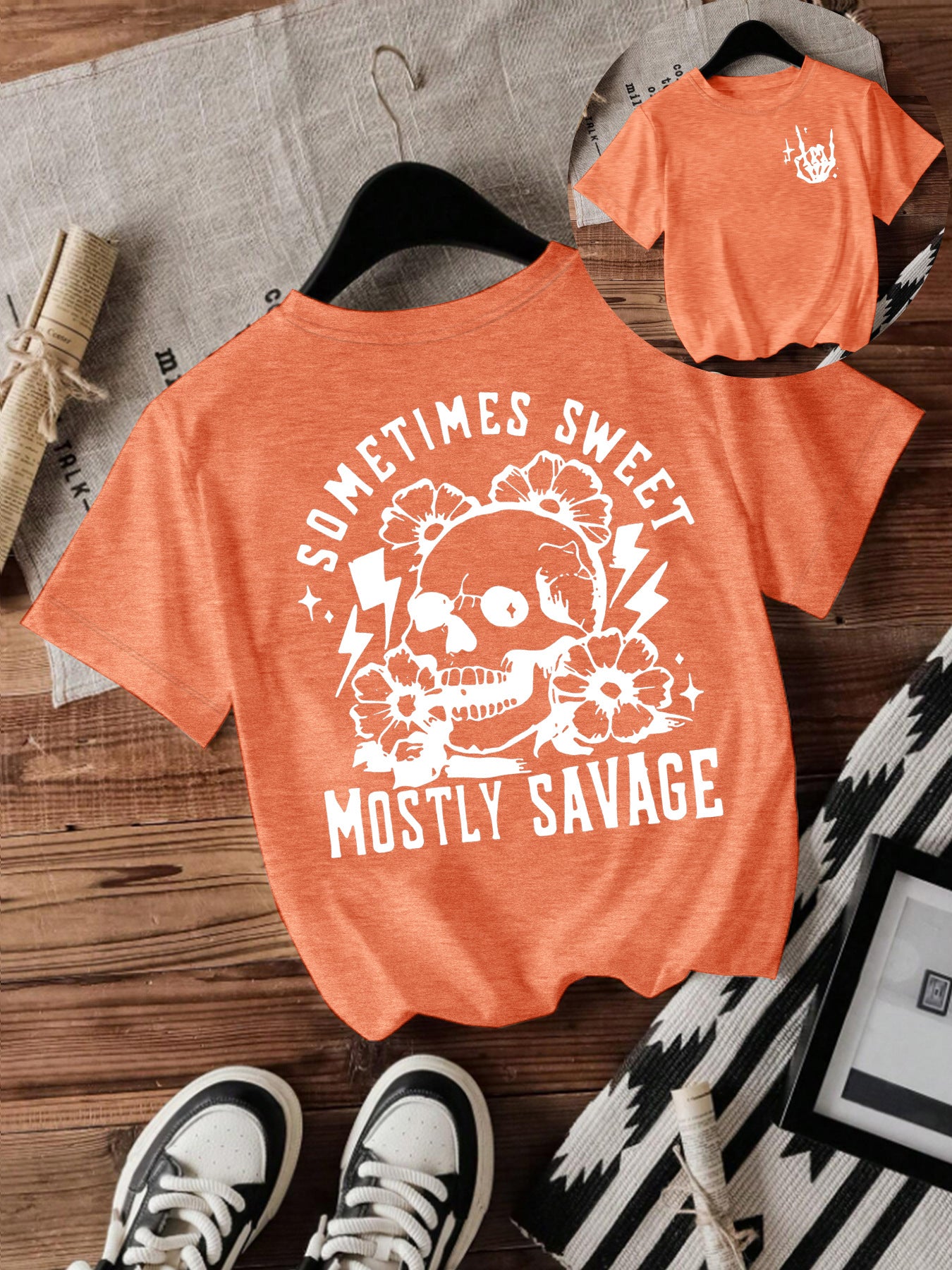 T-shirt women Halloween skull round neck