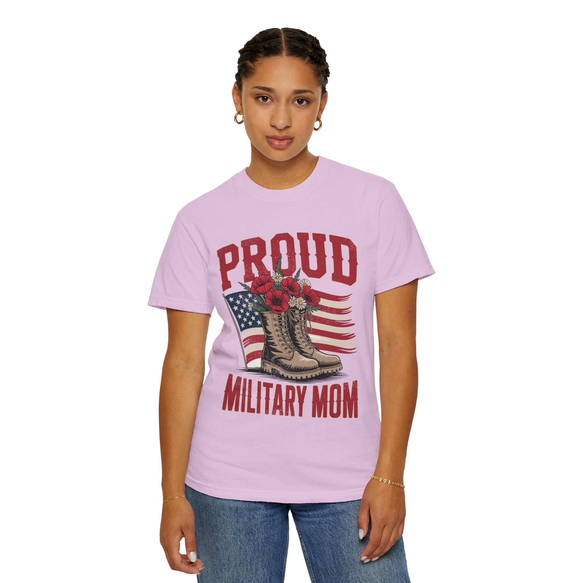 Proud Military Mom Shirt, Patriotic Army Mom T Shirt, Boots and Flowers Graphic Tee, American Flag Family Support Gift